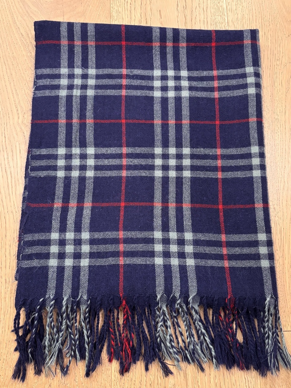 Burberry 100% Cashmere Nova Plaid Scarf in Navy, Red & Gray- 26” X 65”